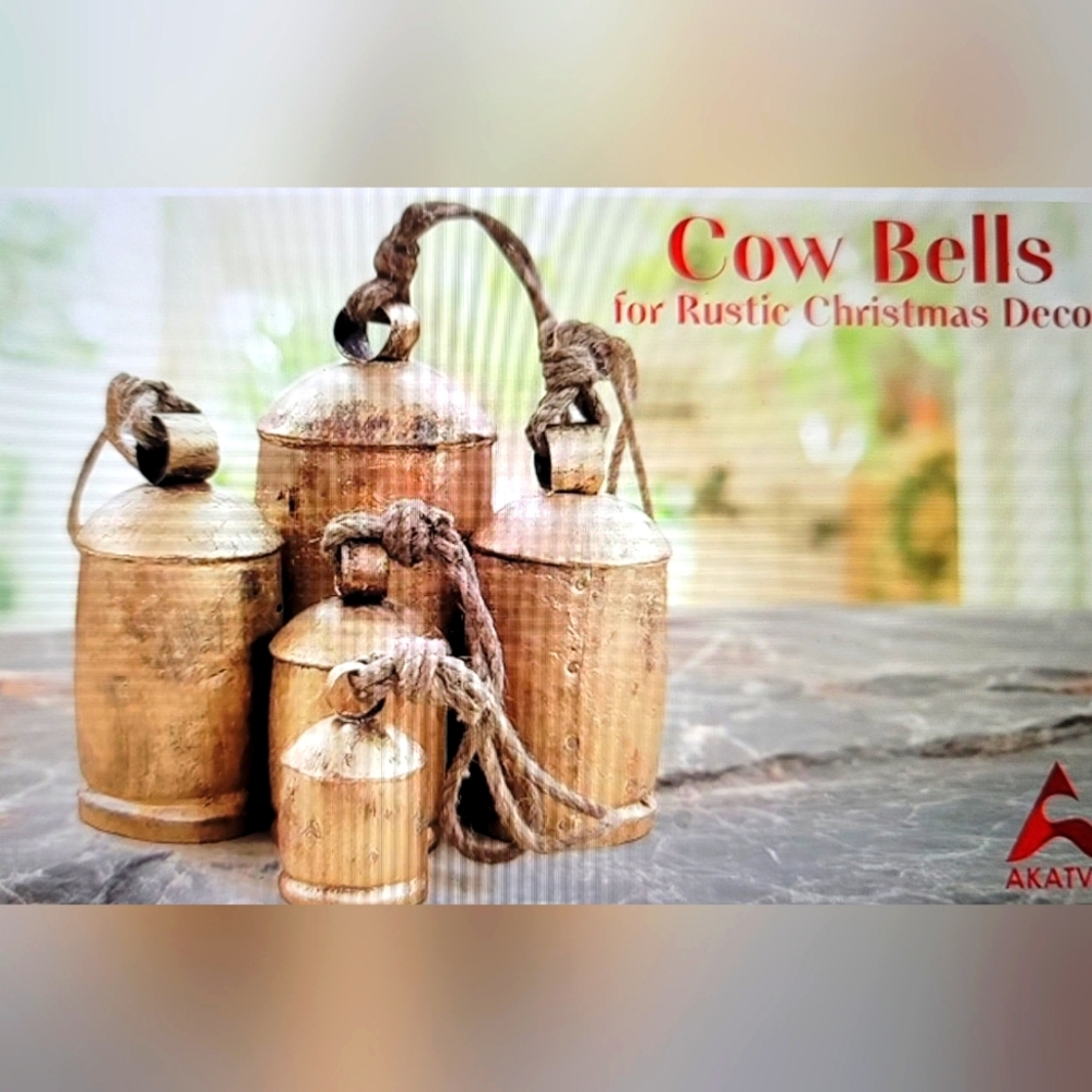 Rustic Gold Cow Bells for Christmas Decor set of 5 NIB